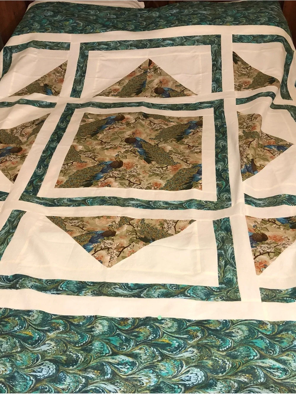 ONE OF A KIND- HANDCRAFTED “Peacock” Quilt - White and Teal